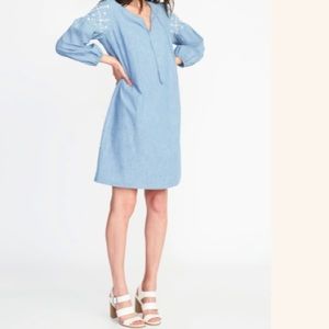 Old Navy Embroidered Sleeves Tassle Chambray Dress Size L Tall